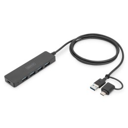 Hub USB 3.0/Koncentrator DIGITUS 4-portowy SlimLine USB A + adapter USB-C 1,2m 5Gbps złącze zasilania USB-C Digitus