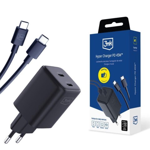 Ładowarka sieciowa 3mk Hyper Charger PD 45W+USB Cable C to C Black 3mk Protection Ładowarka sieciowa 3mk Hyper Charger PD 45W+USB Cable C to C Black 3mk Protection