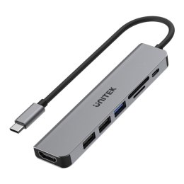 Hub USB-C Unitek H1118A 7w1, HDMI 4K, 3x USB-A, USB-C PD 100W, alu Unitek