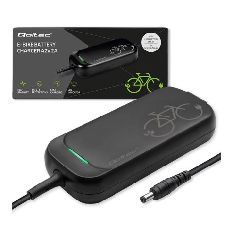 Ładowarka Qoltec do roweru skutera elektrycznego 36V | 42V | 2A | 5.5*2.1 | wodoodporna + kabel zasilający Qoltec Ładowarka Qoltec do roweru skutera elektrycznego 36V | 42V | 2A | 5.5*2.1 | wodoodporna + kabel zasilający Qoltec