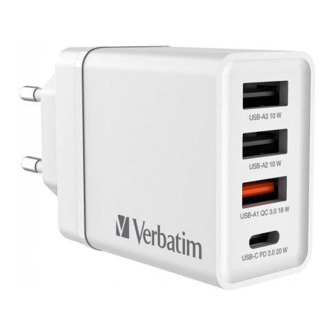 Ładowarka sieciowa Verbatim 1xUSB-C PD 20W 1xUSB-A QC 3.0 2xUSB-A 10W UE biała Verbatim Ładowarka sieciowa Verbatim 1xUSB-C PD 20W 1xUSB-A QC 3.0 2xUSB-A 10W UE biała Verbatim