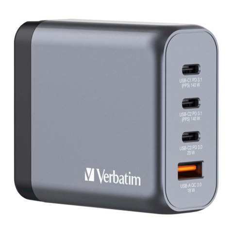 Ładowarka sieciowa Verbatim GaN GNC-140 3xUSB-C PD (2x140W+20W) 1xUSB-A QC 3.0 Verbatim Ładowarka sieciowa Verbatim GaN GNC-140 3xUSB-C PD (2x140W+20W) 1xUSB-A QC 3.0 Verbatim