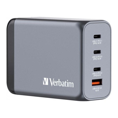 Ładowarka sieciowa Verbatim GaN GNC-240 3xUSB-C PD (140W+100W+65W) 1xUSB-A QC 3.0 Verbatim Ładowarka sieciowa Verbatim GaN GNC-240 3xUSB-C PD (140W+100W+65W) 1xUSB-A QC 3.0 Verbatim