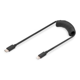 Kabel USB 2.0 DIGITUS spiralny USB C/Lightning, PD 20W, MFI, czarny, max. 1m Digitus