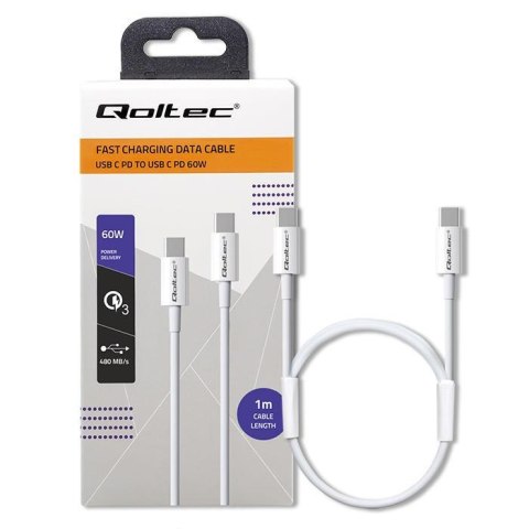 Kabel USB Qoltec 2.0 typ C | USB 2.0 typ C 60W | QC 3.0 | PD | 1m | Biały Qoltec