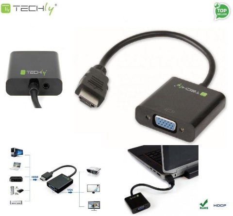 Adapter Techly HDMI-VGA2A HDMI męski na VGA żeński z audio, czarny 0,1m IDATA Techly Adapter Techly HDMI-VGA2A HDMI męski na VGA żeński z audio, czarny 0,1m IDATA Techly