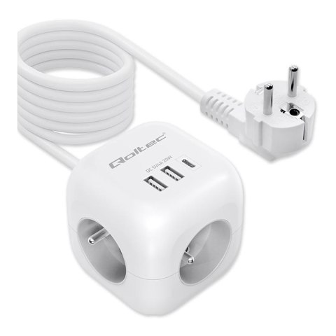 Kostka zasilająca Qoltec przedłużacz 6w1 z podświetlanym włącznikiem | 3x AC | 2x USB | 1x USB-C PD 20W | Biała | Kabel 2m Qoltec Kostka zasilająca Qoltec przedłużacz 6w1 z podświetlanym włącznikiem | 3x AC | 2x USB | 1x USB-C PD 20W | Biała | Kabel 2m Qoltec