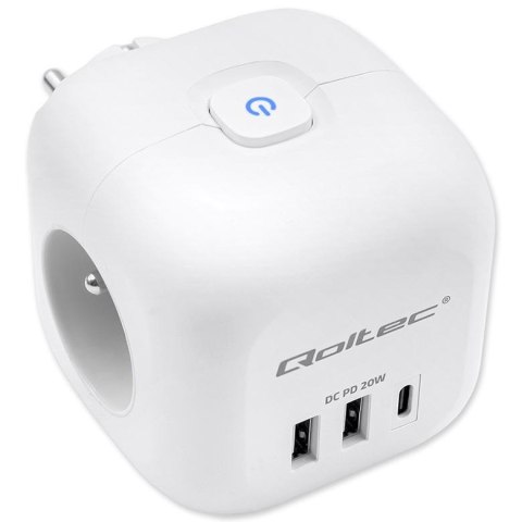 Kostka zasilająca Qoltec przedłużacz 6w1 z podświetlanym włącznikiem | 3x AC | 2x USB | 1x USB-C PD 20W | Biała Qoltec Kostka zasilająca Qoltec przedłużacz 6w1 z podświetlanym włącznikiem | 3x AC | 2x USB | 1x USB-C PD 20W | Biała Qoltec