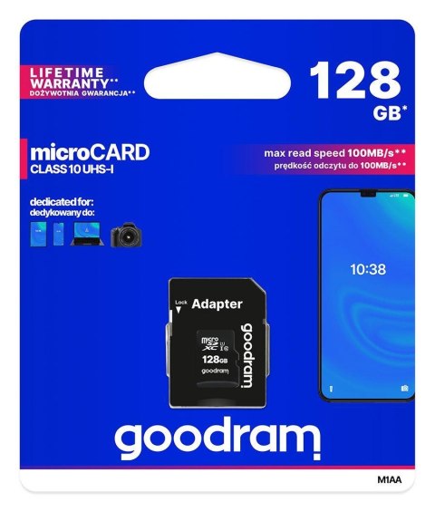 Karta pamięci microSDXC GOODRAM 128GB M1AA-1280R12 cl 10 UHS-I + adapter Goodram Karta pamięci microSDXC GOODRAM 128GB M1AA-1280R12 cl 10 UHS-I + adapter Goodram