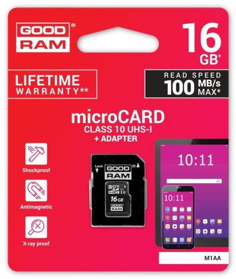 Karta pamięci microSDHC GOODRAM 16GB M1AA-0160R12 cl 10 UHS-I + adapter Goodram Karta pamięci microSDHC GOODRAM 16GB M1AA-0160R12 cl 10 UHS-I + adapter Goodram