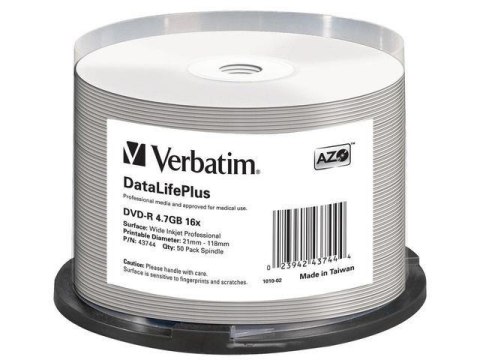 Płyty DVD-R Verbatim 4.7GB X16 AZO DL+ printable NO ID (50 Cake) Verbatim Płyty DVD-R Verbatim 4.7GB X16 AZO DL+ printable NO ID (50 Cake) Verbatim