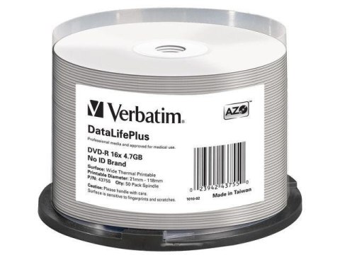 Płyty DVD-R Verbatim 4.7GB X16 AZO DL+ printable thermal białe NO ID (50 Cake) Verbatim Płyty DVD-R Verbatim 4.7GB X16 AZO DL+ printable thermal białe NO ID (50 Cake) Verbatim