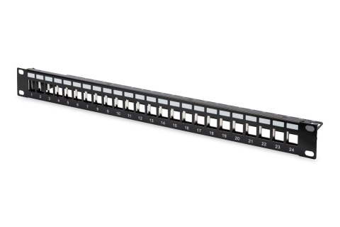 Patch panel pusty DIGITUS 19" 24 port 1U do modułów keystone (RAL 9005) Digitus Patch panel pusty DIGITUS 19" 24 port 1U do modułów keystone (RAL 9005) Digitus