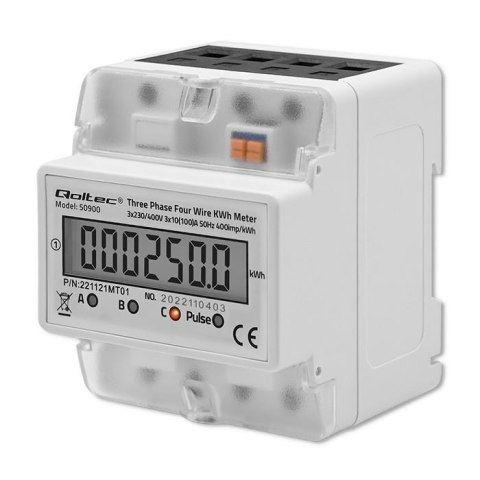 Miernik zużycia energii Qoltec na szynę DIN | trójfazowy elektroniczny licznik | 400V | LCD | 4P Qoltec