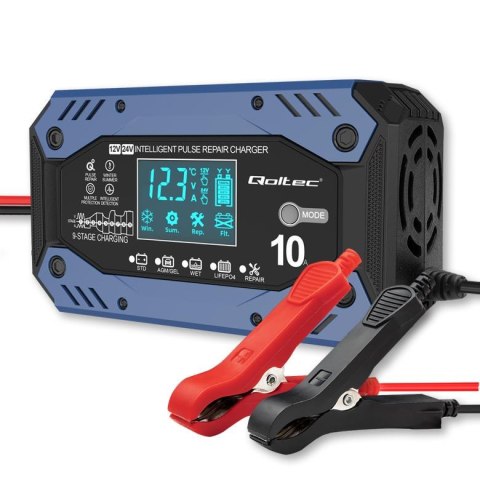 Ładowarka inteligentna Qoltec do akumulatora STD AGM GEL LiFePO4 | Prostownik z funkcją naprawy | 12-24V | 10A | LCD | 9-stopnio Qoltec
