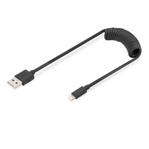Kabel USB 2.0 DIGITUS spiralny USB A/Lightning, PD 20W, MFI, czarny, max. 1m Digitus Kabel USB 2.0 DIGITUS spiralny USB A/Lightning, PD 20W, MFI, czarny, max. 1m Digitus