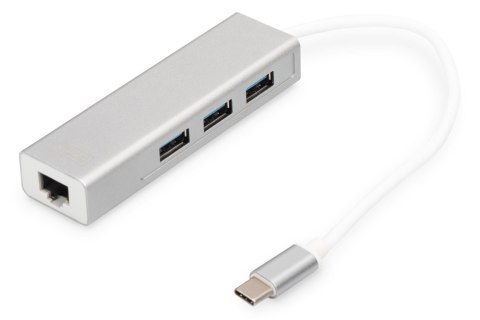 HUB/Koncentrator DIGITUS 3-portowy USB Typ C, USB A HighSpeed z Gigabit LAN aluminium Digitus