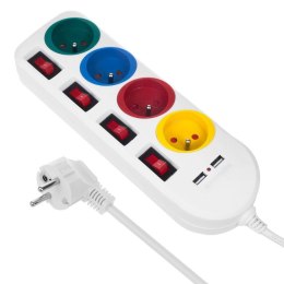 Listwa zasilająca Maclean, przedłużacz 4 gniazda + 2xUSB, z włącznikami, 250VAC/10A, 2.1A 5V, 1.5m, biała, MCE229 W Maclean