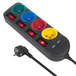 Listwa zasilająca Maclean, przedłużacz 4 gniazda + 2xUSB, z włącznikami, 250VAC/10A, 2.1A 5V, 1.5m, czarna, MCE229 B Maclean